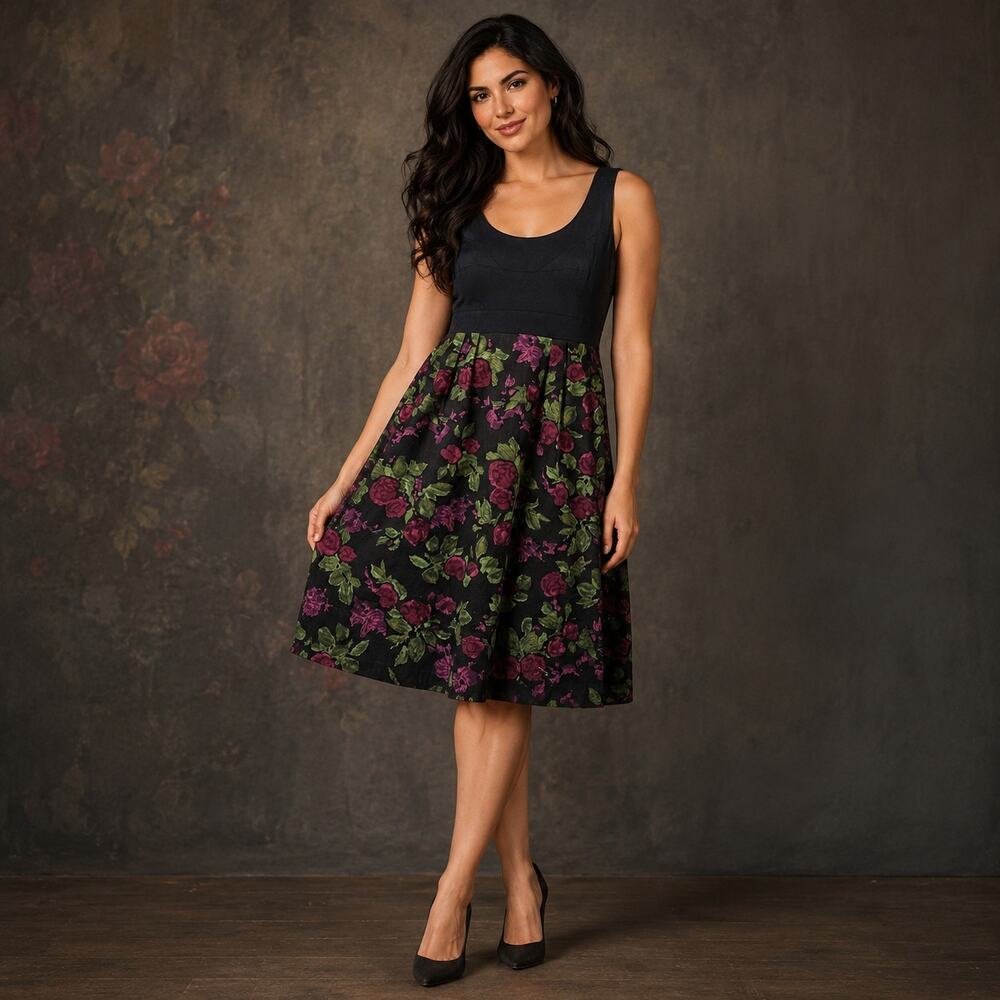 Moulinette Soeurs Anthropologie Floral Rose Fit Flare Dress Women 8 Black Pink